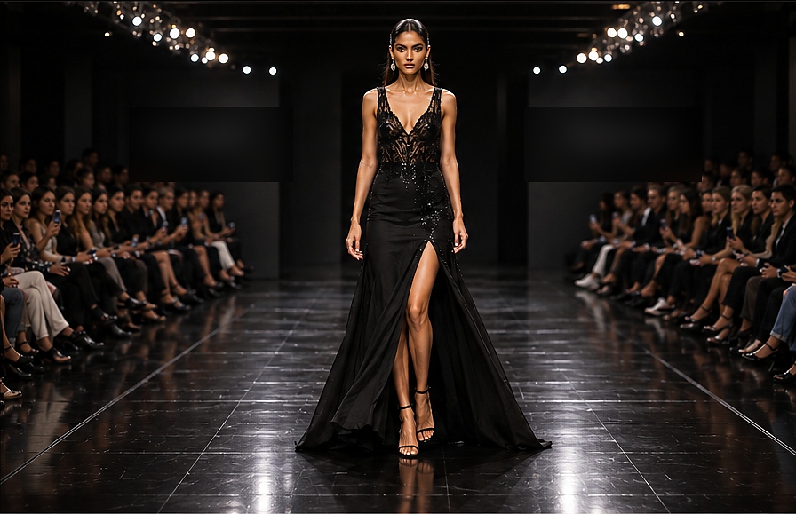Indian fashion model in a black evening gown walking on a luxury runway